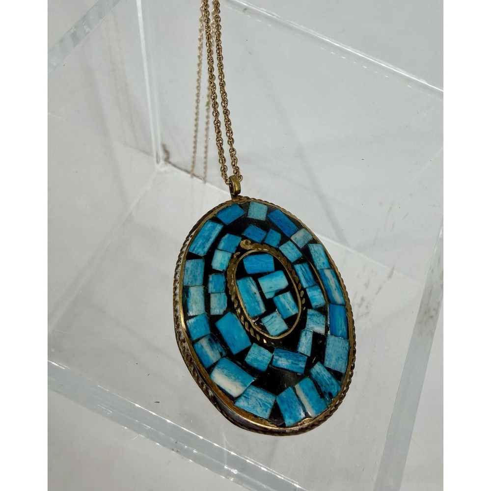 Vintage Brass & Inlay Turquoise Oval Shaped Statement Pendant & Chain